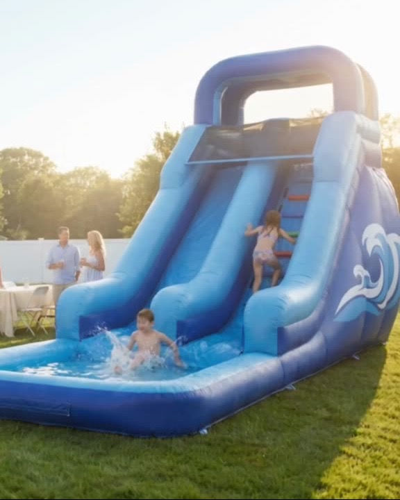 Kids playing on a blue inflatable water slide in a backyard