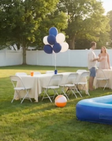 Tables and white folding chairs set up for a backyard party